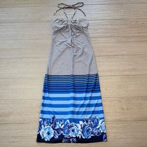 Striped Floral Halter Maxi Dress Small